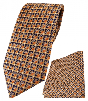 TigerTie Krawatte + Einstecktuch in orange silber marine gemustert
