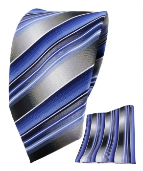 TigerTie Seidenkrawatte + Einstecktuch in blau hellblau grau silber gestreift
