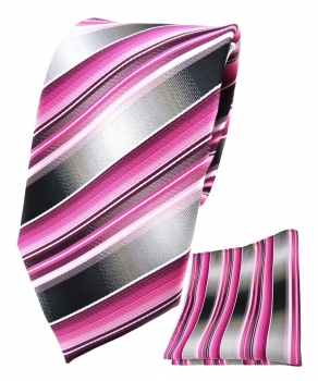 TigerTie Seidenkrawatte + Einstecktuch rosa pink magenta grau silber gestreift