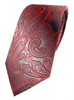 TigerTie Designer Seidenkrawatte rot verkehrsrot grau silber Paisley gemustert
