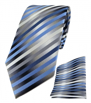 TigerTie Seidenkrawatte + Einstecktuch in blau anthrazit grau silber gestreift