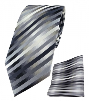 TigerTie Designer Seidenkrawatte + Einstecktuch anthrazit silber grau gestreift