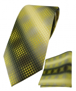 TigerTie Krawatte + Einstecktuch in gelb gold silber grau schwarz kariert