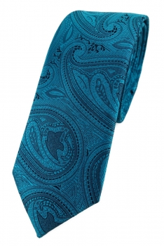TigerTie - schmale Designer Krawatte in petrol schwarz Paisley gemustert