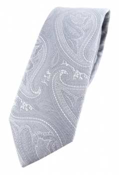 TigerTie - schmale Designer Krawatte in silbergrau grau silber Paisley gemustert