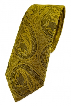 TigerTie - schmale Designer Krawatte in gold schwarz Paisley gemustert