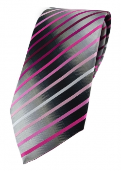 TigerTie Designer Krawatte rosa magenta pink weiss silbergrau schwarz gestreift