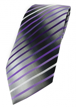 TigerTie Designer Krawatte in lila violett flieder silbergrau schwarz gestreift