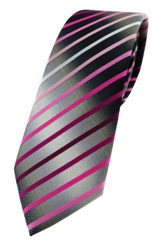TigerTie - schmale Krawatte rosa magenta weiss silbergrau schwarz gestreift