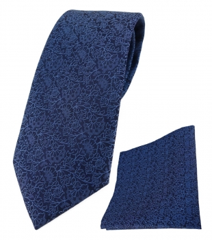TigerTie Krawatte + Einstecktuch in blau marine dunkelblau florales Muster
