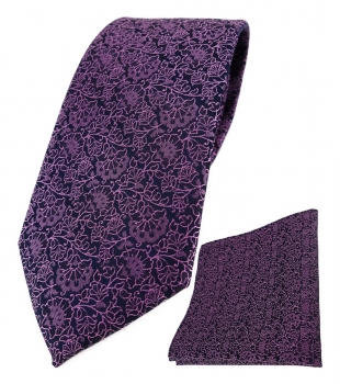 TigerTie Krawatte + Einstecktuch in rosa violett schwarz florales Muster