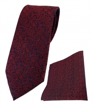 TigerTie Krawatte + Einstecktuch rot weinrot dunkelrot schwarz florales Muster