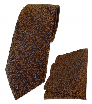 TigerTie Krawatte + Einstecktuch in kupfer schwarz florales Muster