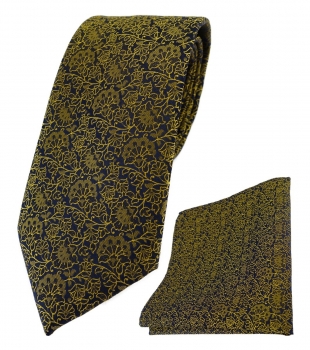 TigerTie Designer Krawatte + Einstecktuch in gelbgold schwarz florales Muster