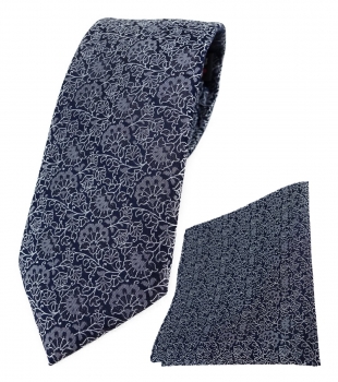 TigerTie Designer Krawatte + Einstecktuch in silber grau schwarz florales Muster