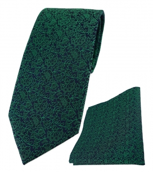 TigerTie Designer Krawatte + Einstecktuch in grün schwarz florales Muster