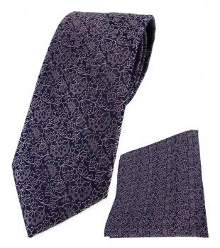 TigerTie Designer Krawatte + Einstecktuch rosa flieder schwarz florales Muster