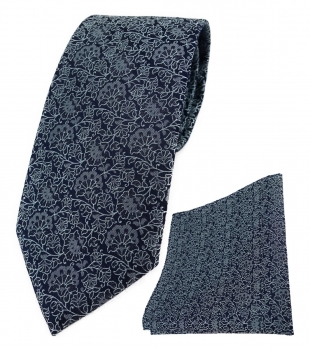 TigerTie Krawatte + Einstecktuch grau feiner grünstich schwarz florales Muster