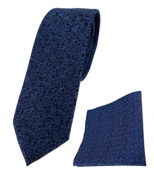 schmale TigerTie Krawatte + Einstecktuch blau marine dunkelblau florales Muster