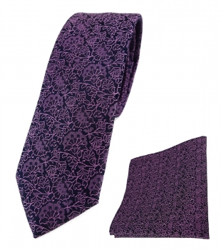 schmale TigerTie Krawatte + Einstecktuch in rosa violett schwarz florales Muster