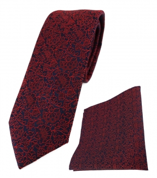 schmale TigerTie Krawatte + Einstecktuch in rot weinrot schwarz florales Muster