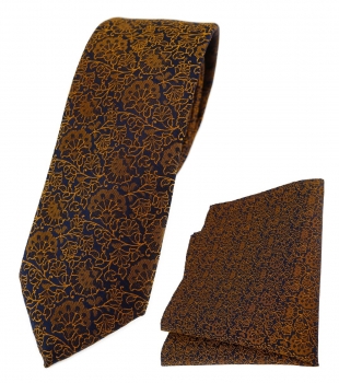 schmale TigerTie Krawatte + Einstecktuch in kupfer schwarz florales Muster