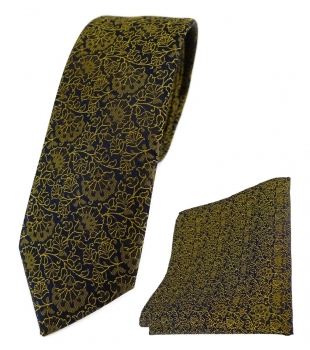 schmale TigerTie Krawatte + Einstecktuch in gelbgold schwarz florales Muster