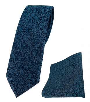 schmale TigerTie Krawatte + Einstecktuch in petrol schwarz florales Muster