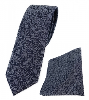 schmale TigerTie Krawatte + Einstecktuch in silber grau schwarz florales Muster