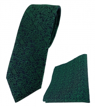 schmale TigerTie Krawatte + Einstecktuch in grün schwarz florales Muster
