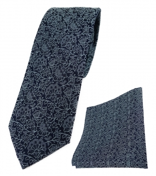 schmale TigerTie Krawatte + Einstecktuch grau grünstich schwarz florales Muster