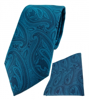 TigerTie Designer Krawatte + Einstecktuch in petrol schwarz Paisley gemustert