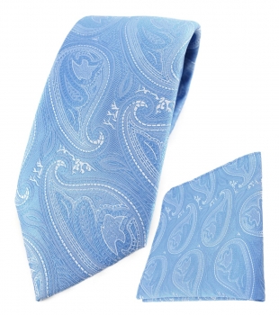 TigerTie Designer Krawatte + Einstecktuch hellblau blau silber Paisley gemustert