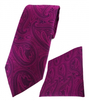 TigerTie Designer Krawatte + Einstecktuch magenta lila schwarz Paisley gemustert