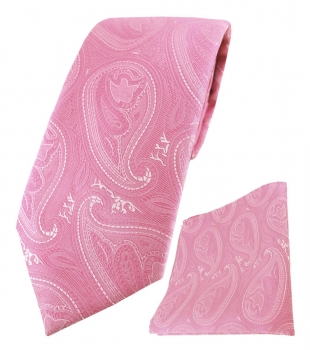 TigerTie Designer Krawatte + Einstecktuch in rosapink silber Paisley gemustert