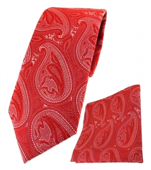 TigerTie Designer Krawatte + Einstecktuch in rot silber Paisley gemustert