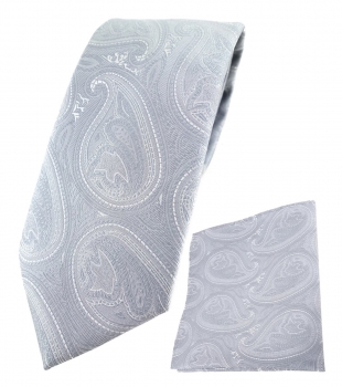 TigerTie Designer Krawatte + Einstecktuch in silbergrau silber Paisley gemustert