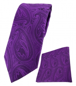 TigerTie Designer Krawatte + Einstecktuch in lila schwarz Paisley gemustert