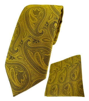 TigerTie Designer Krawatte + Einstecktuch in gold schwarz Paisley gemustert