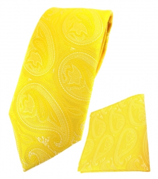 TigerTie Designer Krawatte + Einstecktuch in gelb silber Paisley gemustert