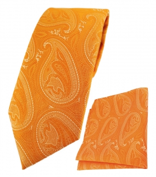 TigerTie Designer Krawatte + Einstecktuch in orange silber Paisley gemustert