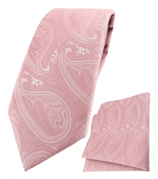 TigerTie Designer Krawatte + Einstecktuch rosa altrosa silber Paisley gemustert