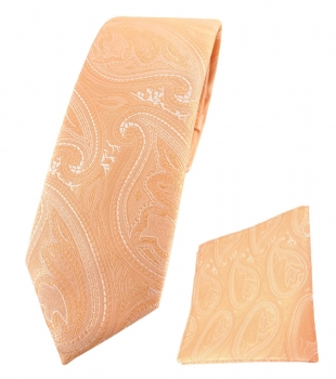 schmale TigerTie Krawatte + Einstecktuch in lachsorange silberweiss Paisley