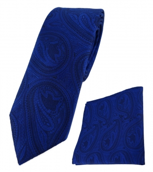 schmale TigerTie Krawatte + Einstecktuch in royal blau schwarz Paisley gemustert