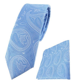 schmale TigerTie Krawatte + Einstecktuch in hellblau blau silber Paisley gemustert