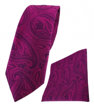 schmale TigerTie Krawatte + Einstecktuch magenta lila schwarz Paisley gemustert
