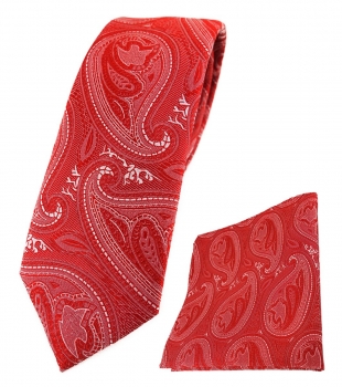 schmale TigerTie Krawatte + Einstecktuch in rot silber Paisley gemustert