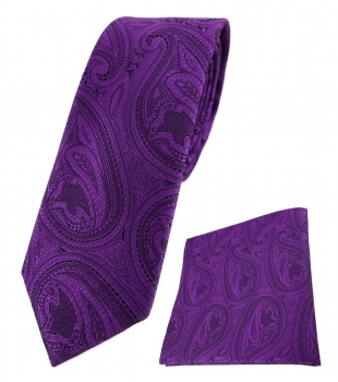 schmale TigerTie Krawatte + Einstecktuch in lila schwarz Paisley gemustert