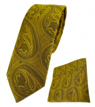 schmale TigerTie Krawatte + Einstecktuch in gold schwarz Paisley gemustert