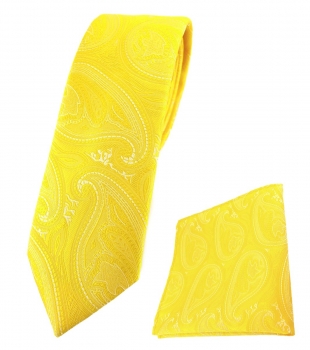 schmale TigerTie Krawatte + Einstecktuch in gelb silber Paisley gemustert